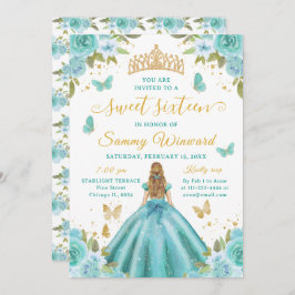 Invitación Sweet 16 Turquoise Princess Blonde Girl