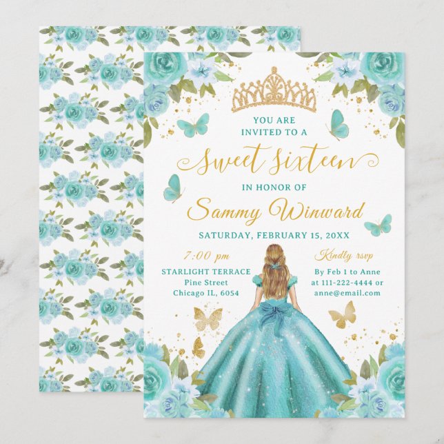 Invitación Sweet 16 Turquoise Princess Blonde Girl (Anverso / Reverso)