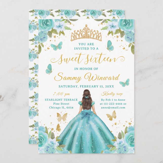 Invitación Sweet 16 Turquoise Princess Brunette Girl (Anverso / Reverso)