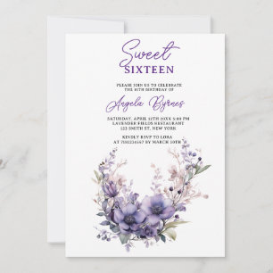 Invitación Sweet 16 Vintage Purple Floral Wreath Birthday