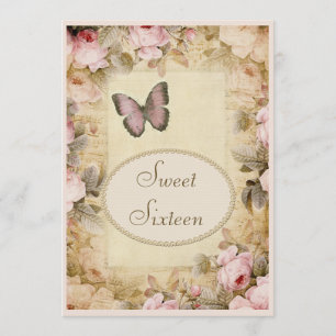 Invitación Sweet 16 Vintage Rosas Butterfly & Music Notes