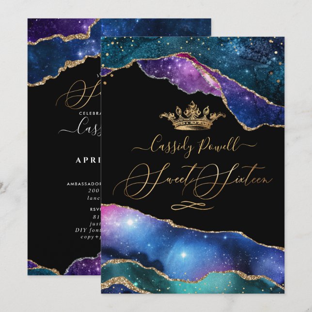 Invitación Sweet 16, Watercolor Galaxy Agate Faux Gold  (Anverso / Reverso)