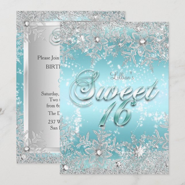 Invitación Sweet 16 Winter Wonderland Blue Verde azulada Snow (Anverso / Reverso)