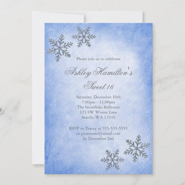 Invitación Sweet 16 Winter Wonderland Sparkle Snowflakes Blue (Anverso)