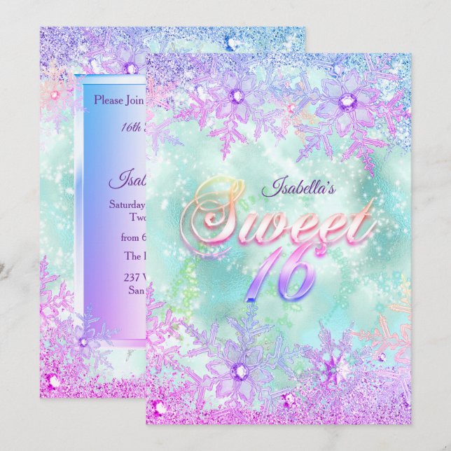Invitación Sweet 16 Winter Wonderland Verde azulado Blue Pink (Anverso / Reverso)