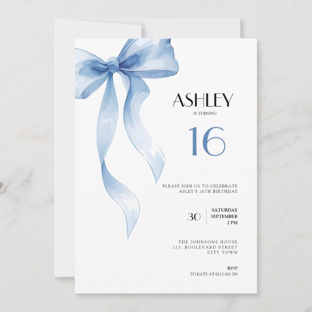 Invitación Sweet 16th Birthday Invitation Blue Bow for Girls (Anverso)