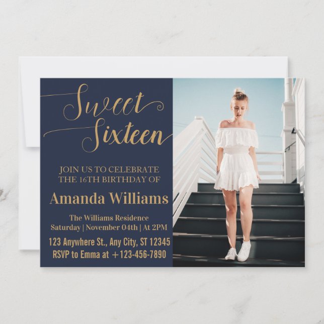 Invitación Sweet 16th Birthday Photo Blue And Gold Luxury (Anverso)