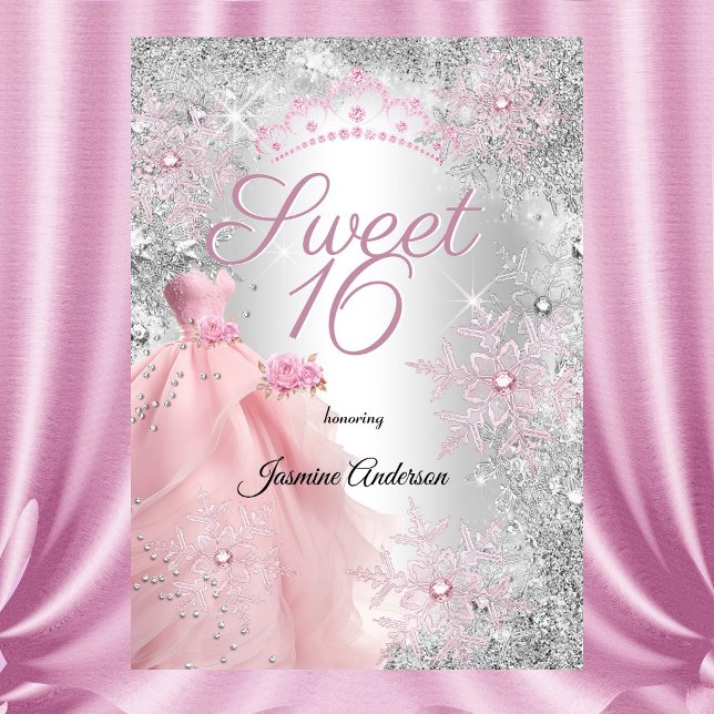 Invitación Sweet 16th Birthday Pink Silver Winter Wonderland (Subido por el creador)