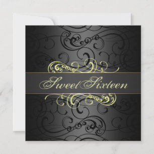 Invitación Sweet 16th Gold & Black Swirl Birthday Invitation
