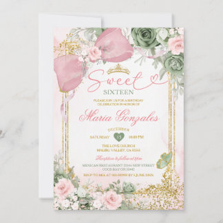 Invitación Sweet 16th Pink Bow Sage Green Floral Birthday