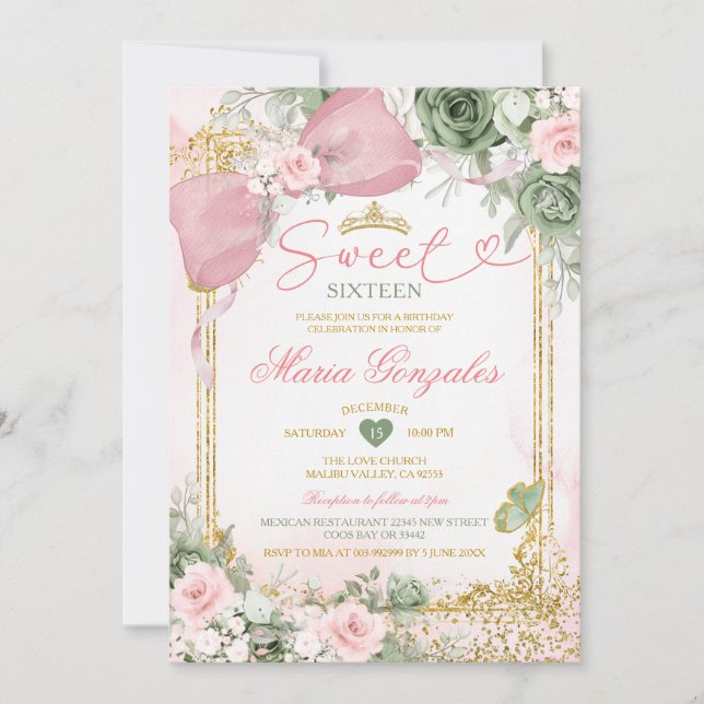 Invitación Sweet 16th Pink Bow Sage Green Floral Birthday (Anverso)