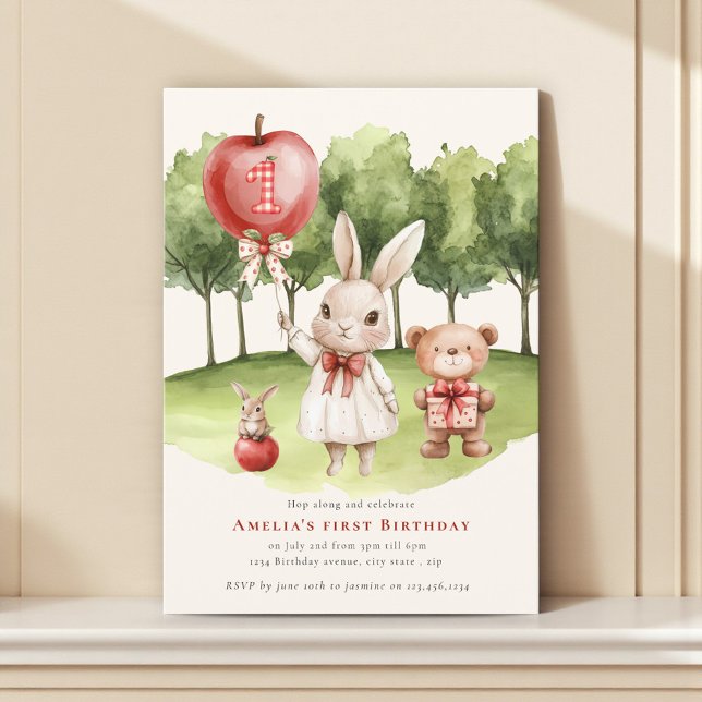 Invitación Sweet  1st Bunny Apple  Birthday Invitation (Subido por el creador)