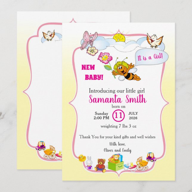 Invitación Sweet as Can Bee Floral Baby Girl Shower Invite (Anverso / Reverso)