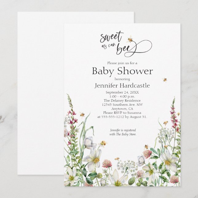 Invitación Sweet As Can Bee Wildflower Floral Baby Shower (Anverso / Reverso)