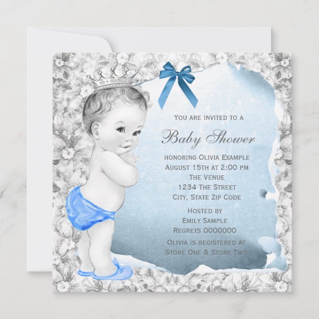 Invitación Sweet Baby Boy Baby Shower azul y gris (Anverso)