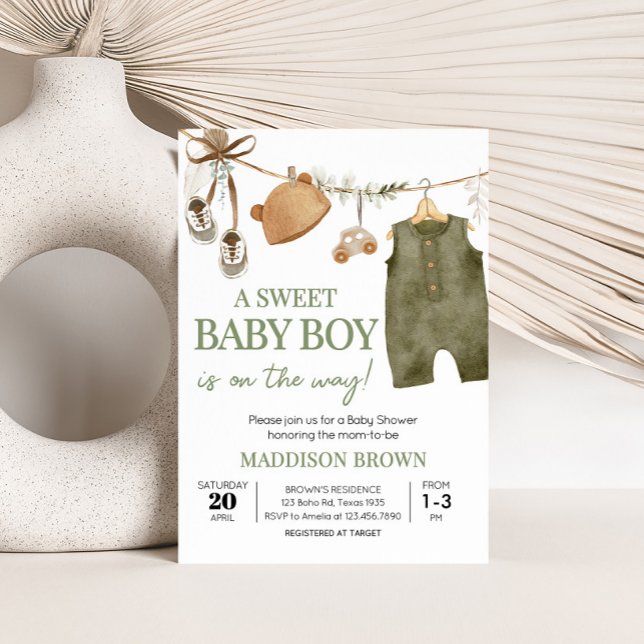 Invitación Sweet Baby Boy Boho Clothes Baby Shower (Boho Clothes Sweet Baby Boy Baby Shower Invitation)
