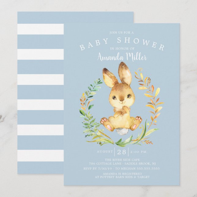 Invitación Sweet Baby Boy Bunny Baby Shower (Anverso / Reverso)