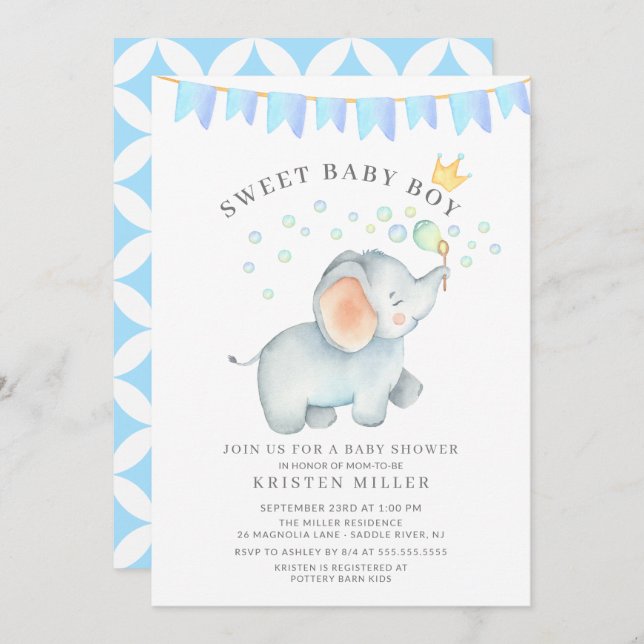 Invitación Sweet Baby Boy Elephant Baby Shower (Anverso / Reverso)