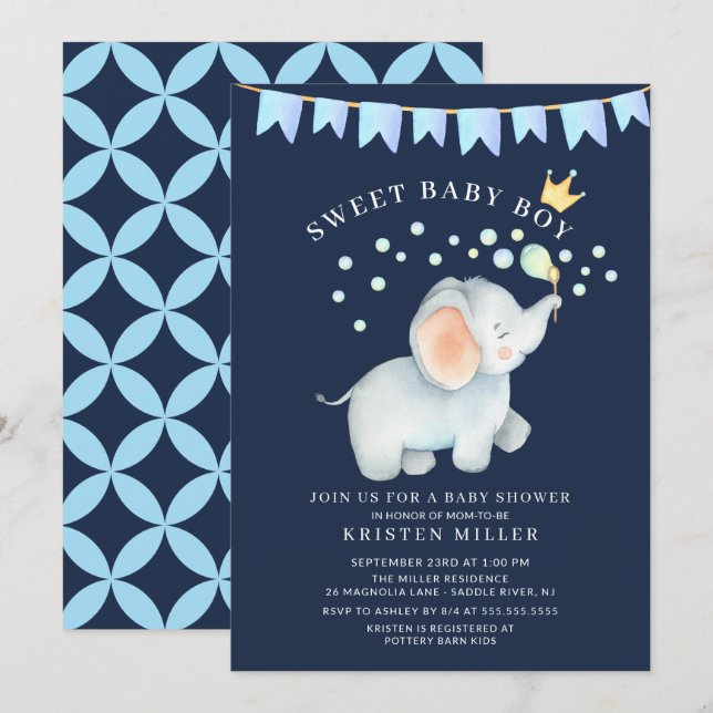 Invitación Sweet Baby Boy Elephant Baby Shower (Anverso / Reverso)
