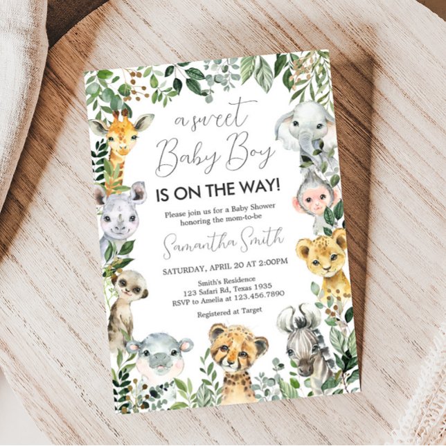 Invitación Sweet Baby Boy Safari Baby Shower (Greenery Safari Animals Baby Shower Invitation )