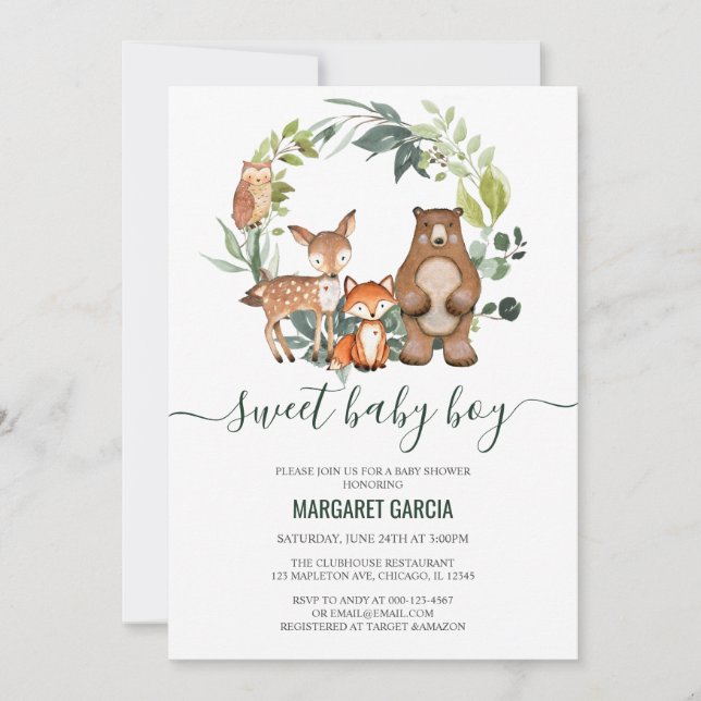 Invitación Sweet Baby Boy Woodland Animals Baby Shower (Anverso)