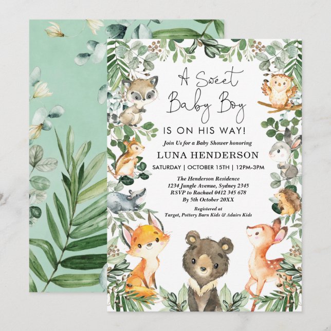 Invitación Sweet Baby Boy Woodland Forest Animals Baby Shower (Anverso / Reverso)