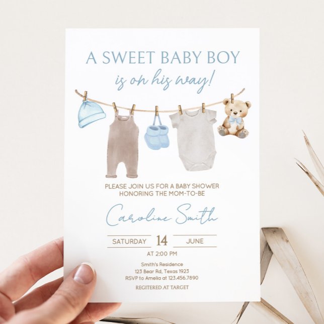 Invitación Sweet Baby Clothesline Baby Shower (Sweet Baby Boy Clothesline Baby Shower Invitation)