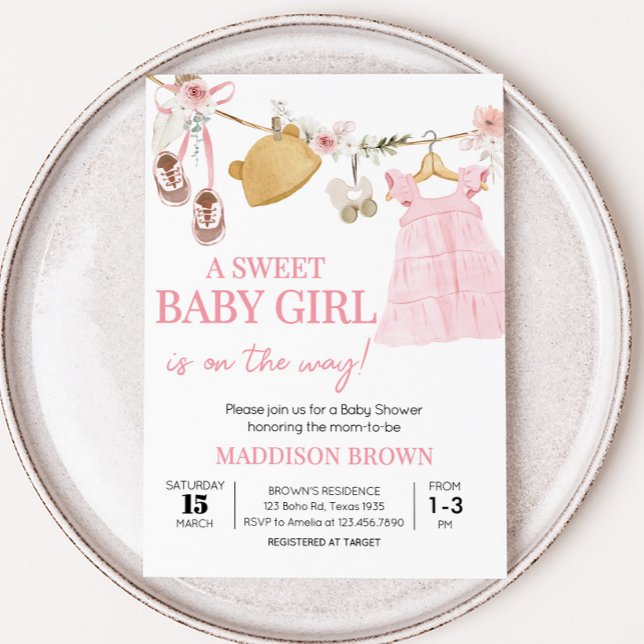 Invitación Sweet Baby Girl Boho Clothes Baby Shower (Boho Clothes Sweet Baby Girl Baby Shower Invitation)