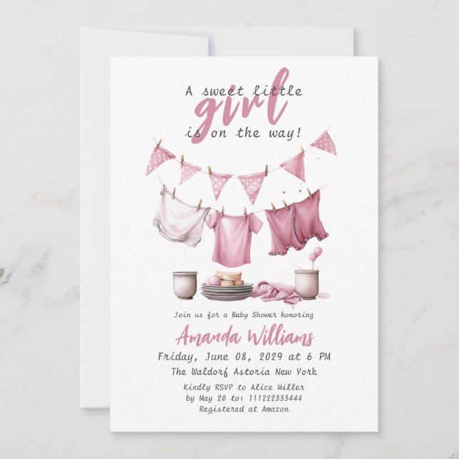 Invitación Sweet Baby Girl Pink Boho Clothesline Baby Shower (Anverso)