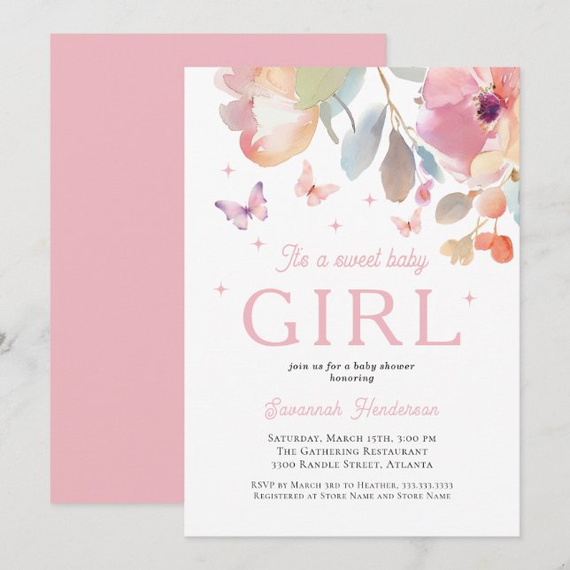 Invitación Sweet Baby Girl Pink Floral Baby Shower (Anverso / Reverso)