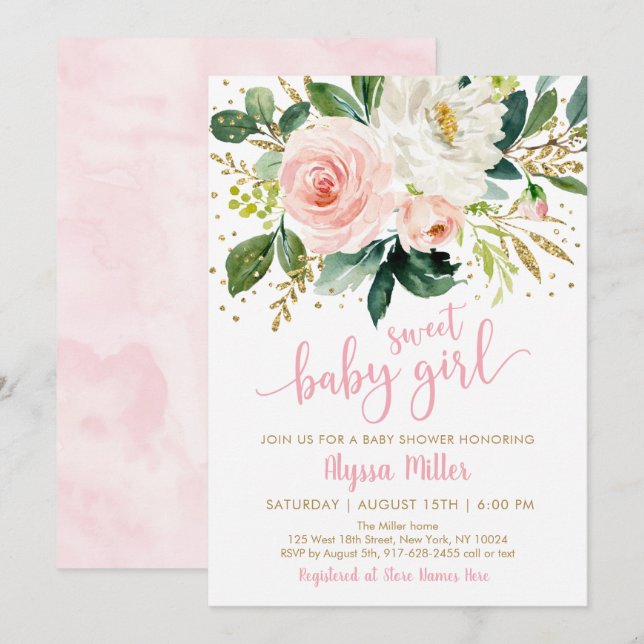 Invitación Sweet Baby Girl Pink Floral Baby Shower (Anverso / Reverso)