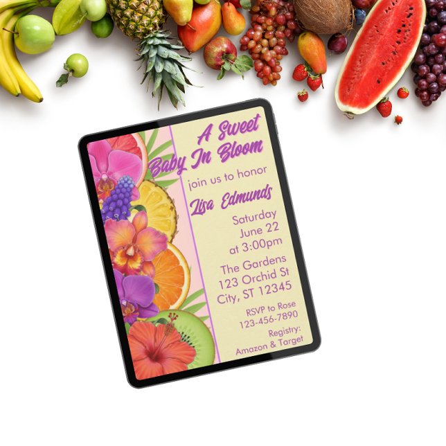 Invitación Sweet Baby in Bloom, flowers & fruit baby shower (Subido por el creador)