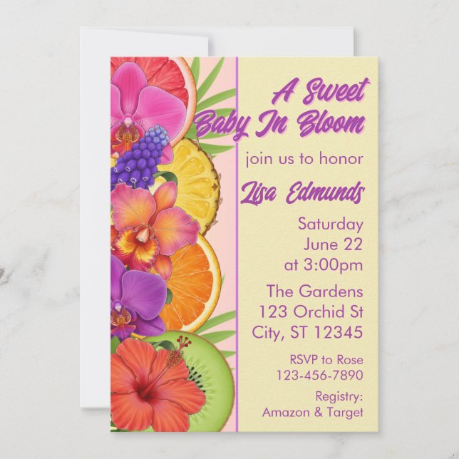 Invitación Sweet Baby in Bloom, flowers & fruit baby shower (Anverso)