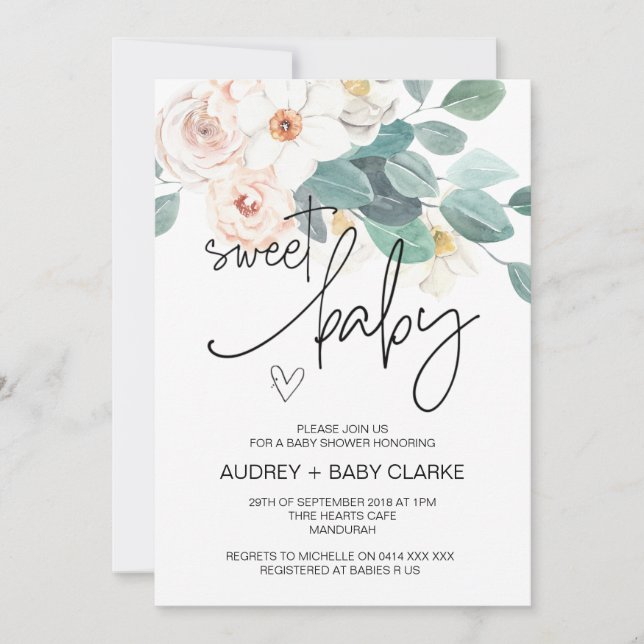 Invitación Sweet Baby Shower Fiesta Cute Rubor Floral (Anverso)
