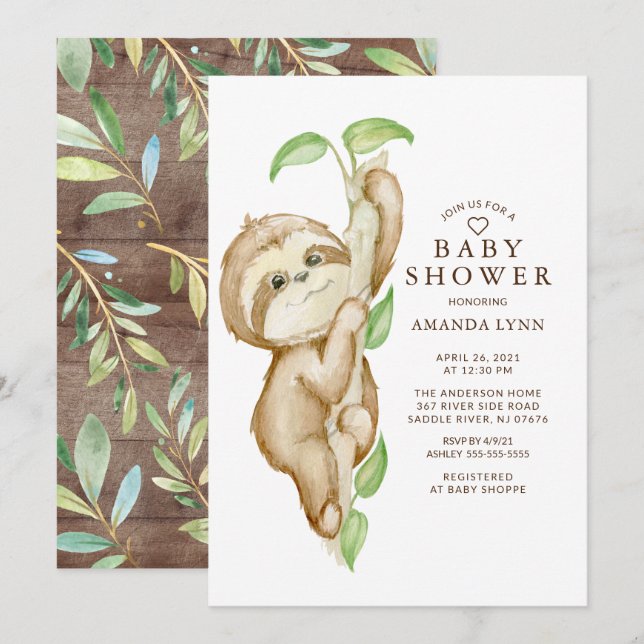 Invitación Sweet Baby Sloth Baby Shower (Anverso / Reverso)