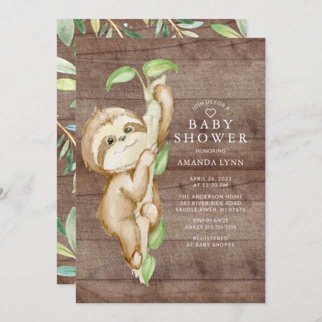 Invitación Sweet Baby Sloth Baby Shower (Anverso / Reverso)