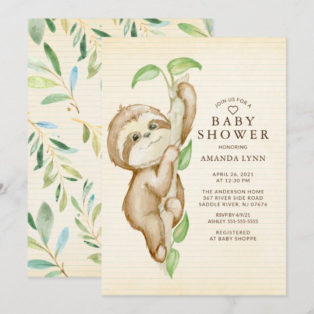 Invitación Sweet Baby Sloth Baby Shower (Anverso / Reverso)