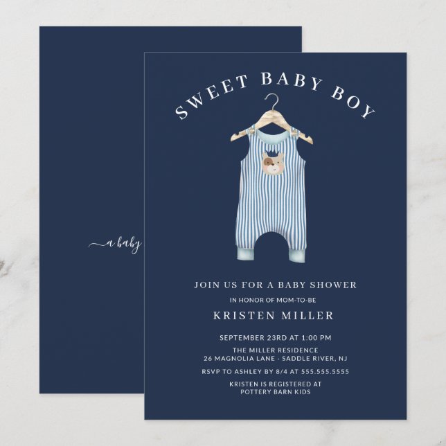 Invitación Sweet Bear Romper Boys Baby Shower (Anverso / Reverso)