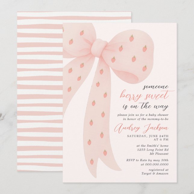 Invitación Sweet Berry Girl Pink Coquette Bow Baby Shower  (Anverso / Reverso)