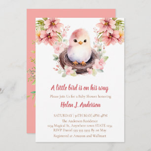 Invitación Sweet Bird Watercolor Pink Flower Baby Shower