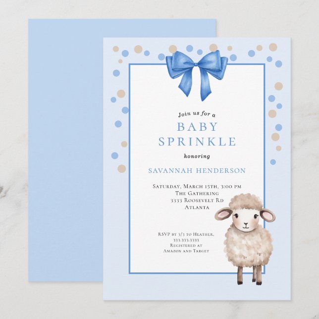 Invitación Sweet Blue Baby Sprinkle with Bow & Cute Lamb  (Anverso / Reverso)
