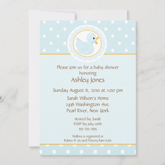 Invitación Sweet Blue Duck Boy Baby Shower (Anverso)