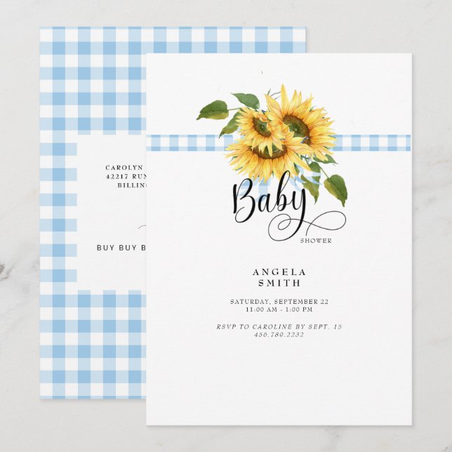 Invitación Sweet Blue Gingham Sunflower Baby Shower (Anverso / Reverso)