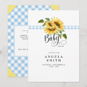 Invitación Sweet Blue Gingham Sunflower Baby Shower