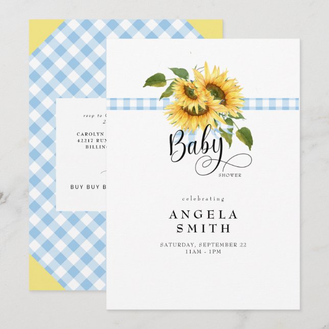 Invitación Sweet Blue Gingham Sunflower Baby Shower (Anverso / Reverso)