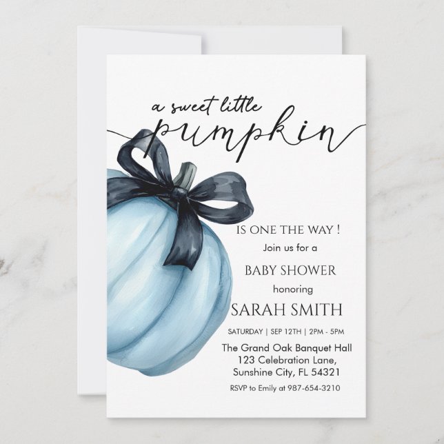 Invitación Sweet blue Little Pumpkin Baby Shower (Anverso)