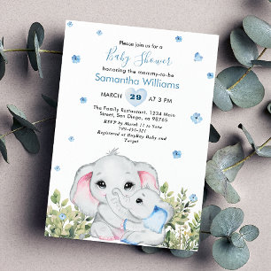 Invitación Sweet Blue Mommy Baby Elephant Baby Shower