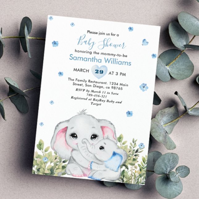 Invitación Sweet Blue Mommy Baby Elephant Baby Shower (Subido por el creador)