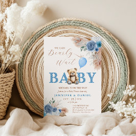 Invitación Sweet Blue Teddy Bear Baby Shower Pampas Florals