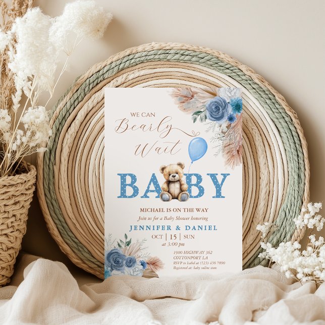 Invitación Sweet Blue Teddy Bear Baby Shower Pampas Florals (Subido por el creador)